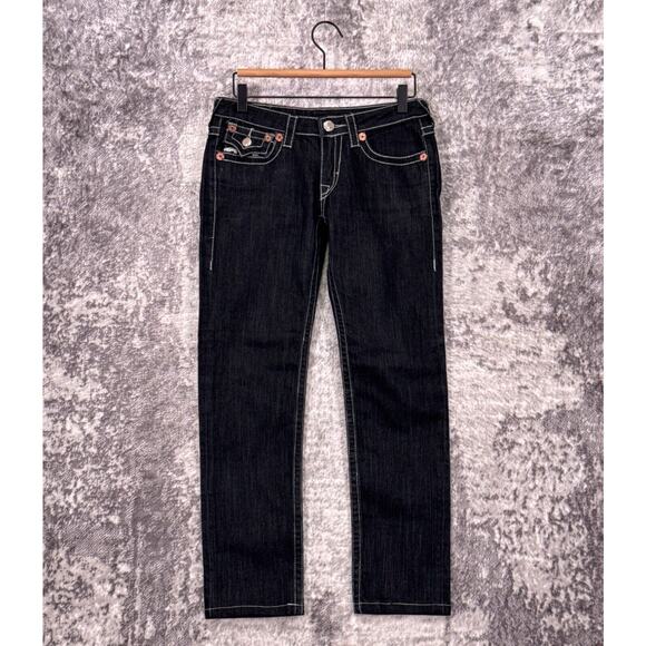 Vintage True Religion Jeans 28 Womens Y2K Low Rise Flap Pocket Dark Embroidered - Picture 1 of 8